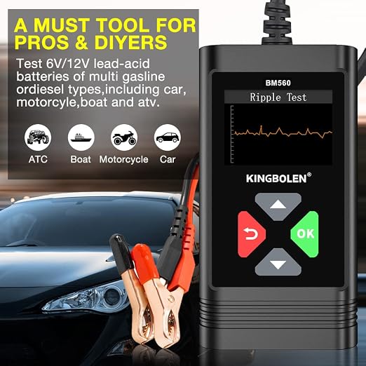 KINGBOLEN BM560 6V 12V Car Battery Tester, 100-2000CCA Voltage Tester, Precision Digital Auto Battery Analyzer, Loading/Charging/Starting System Tester for Cars SUV ATV Boats Motorcycles Vehicle