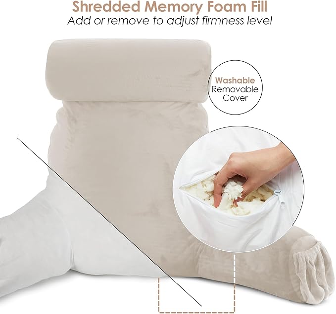 Nestl Reading Pillow with Shredded Memory Foam Includes 2 Neck and Lumber Support Pillows, Designed for Sitting Up in Bed and Couch, Back and Arms Adjustable Support for Adult & Teens, Linen