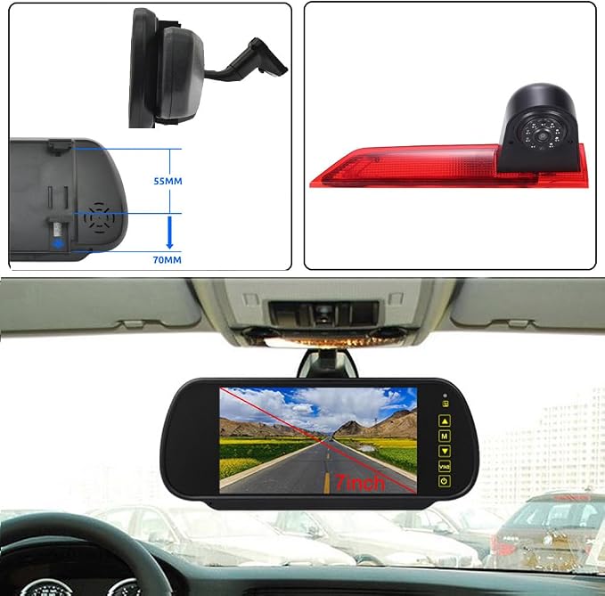 7 inch LCD Mirror Monitor+High Mount Brake Light Rear View Reverse Backup Camera Replacement for Ford Transit Custom 2012-2016 Transporter Business MPV SUV Bus