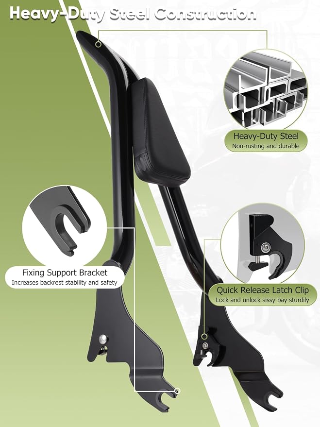 28" Motorcycle Backrest Sissy Bar Rear Passenger Backrest with Pad Locked Rotary Docking Latches Clips Keys Fit for Harley Touring Road King Road Glide Street Glide Electra Glide 2009-2025
