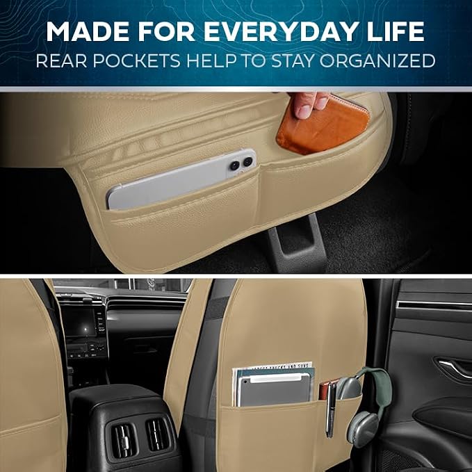 MotorBox Prestige Edition Napa Leather Seat Covers for Cars, Open Sides Front Seat Covers, Premium PU Leatherette Black & Beige Car Seat Covers for Cars Trucks SUVs, Front Seats Only