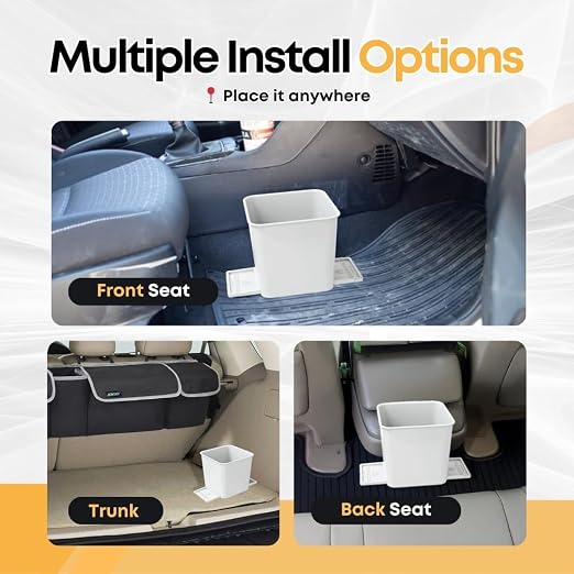 White Car Trash Can with Stability Wings | Magic Strip & Clip for Fabric & Rubber Mats – Includes 1 Box of Trash Bags Inside + 6 Extra Boxes (Total of 7 Boxes, 140 Bags) – Compact Garbage B