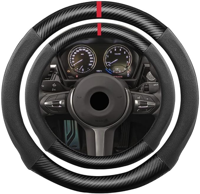 Suede Carbon Fiber Steering Wheel Cover, Compatible with BMW 1 2 3 4 5 7 8 Series X1 X2 X3 X4 X5 X6 X7 Z4 15 inch Soft SuedeTouch Leather Sport Non-Slip Automotive Interior Accessories