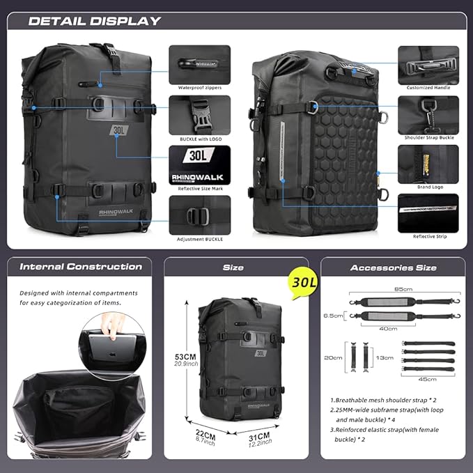 Rhinowalk Motorcycle Tail Bag Motorbike Side Bag 30L Full Waterproof Motor Saddle Pannier Bag Rear Rack Trunk Professional Motor Accessories-Black