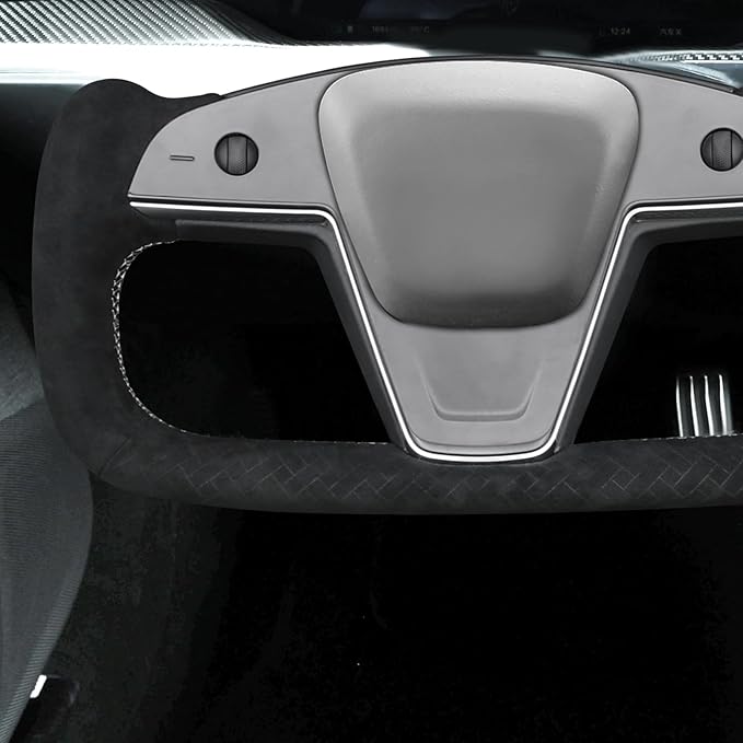 MEWANT DIY Steering Wheel Cover for Tesla Yoke Model S 2021-2023 Model X Made of Black Smooth Woven Embossed Athsuede