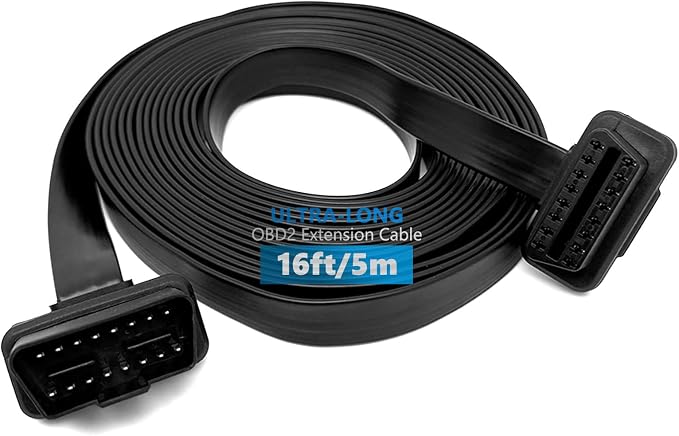 JUTA OBD2 Extension Cable Ultra-Long 16ft/5m Low Profile OBD-II 16-Pin Male to Female Extension Cord for GPS, Diagnostic Scanner and Code Reader - 16ft/5m