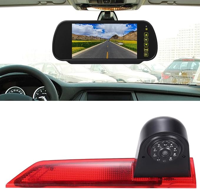 Car Third Roof Top Mount Brake Light 3 Rear View Camera Parking Safety Assistant System, HD Night Vision Waterproof for Ford Transit Custom 2012-2016 (with 7-inch Rearview Mirror)