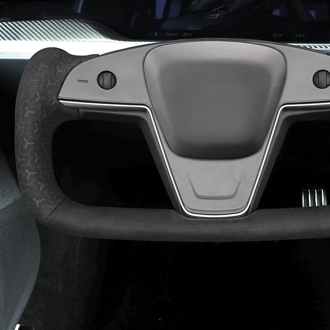 MEWANT Hand Stitch Black Smooth Geometric Embossed Suede Steering Wheel Cover for Tesla Yoke Model S 2021-2023 Model X