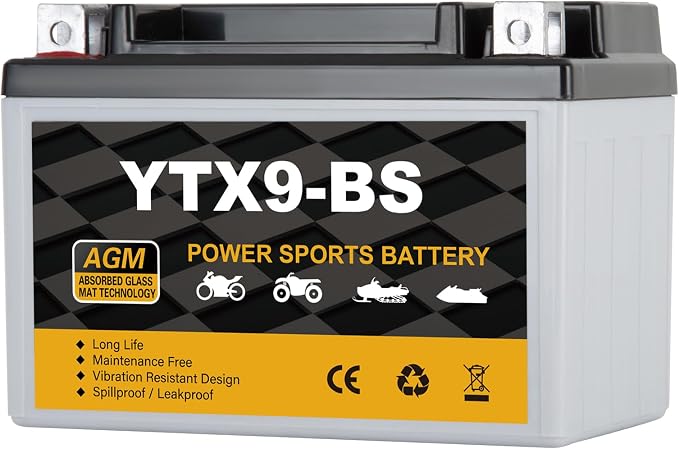YTX9-BS Motorcycle Battery 12V 8Ah, 120 CCA Sealed AGM Rechargeable Maintenance Free Battery, Replacement for ATV, Scooter, Dirt Bike, ETX9, CTX9-BS