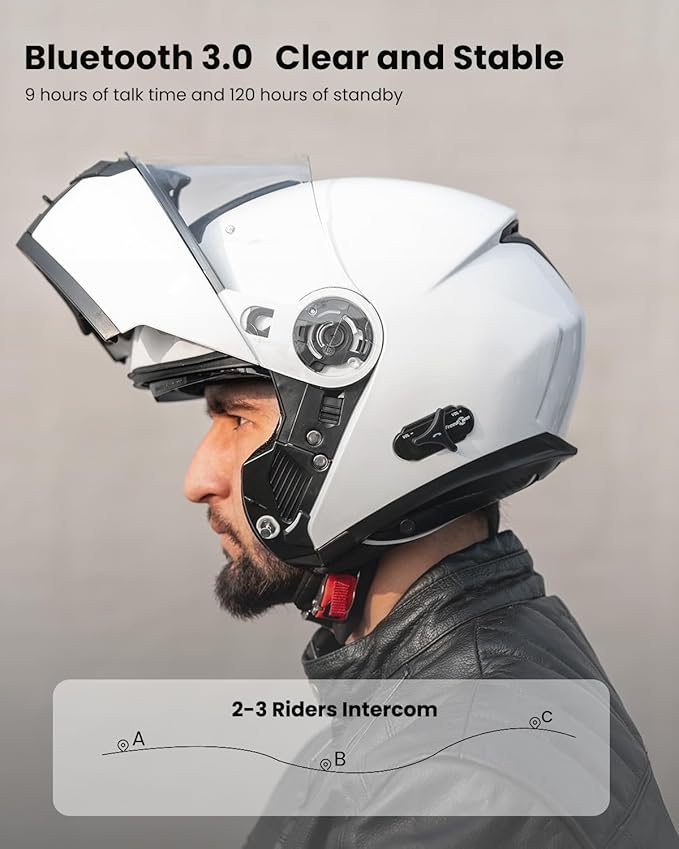 ILM Bluetooth Motorcycle Modular Helmet 2-3 Riders Intercom Flip up Full Face Helmet with Dual Visor DOT Model 159BT (White, S)