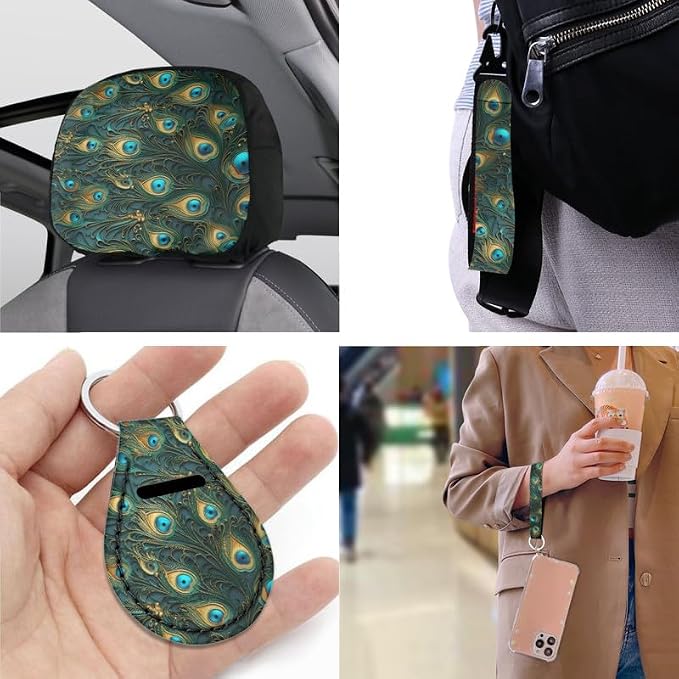 Peacock Feather Turquoise Relief Car Seat Covers Seat Cover Set of 13 Pack Peacock Hand Drawing Ultra-Soft Universal Fit for Cars Keychain Coaster for SUV Sedan Van
