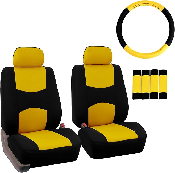 FH Group Car Seat Covers Flat Cloth Front Seats Only Yellow Automotive Seat Cover, Airbag Compatible Universal Fit Interior Accessories Cars Trucks SUV Combo Steering Wheel Cover & Seat Belt Pads