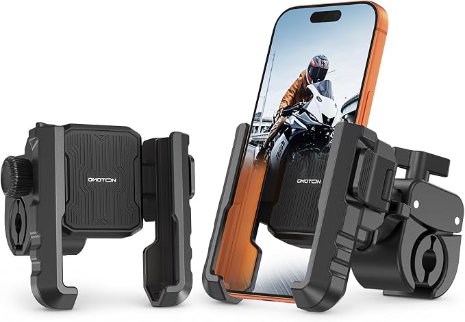 OMOTON Bike Phone Holder 2-Pack, Anti-Vibration Shockproof Motorcycle Phone Mount with Quick Lock & 360° Swivel - Fits Handlebars & Rearview Mirror, for iPhone Samsung All Phones, Black & Orange