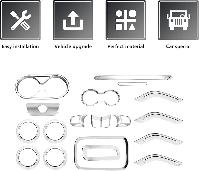 RAZPOY JK 18PCS Interior Trim Kit, Steering Wheel Trim & Gear Shift Cover Air Conditioning Vent Trim Compatible with 2011-2017 Jeep Wrangler JK 4-Door, Chrome