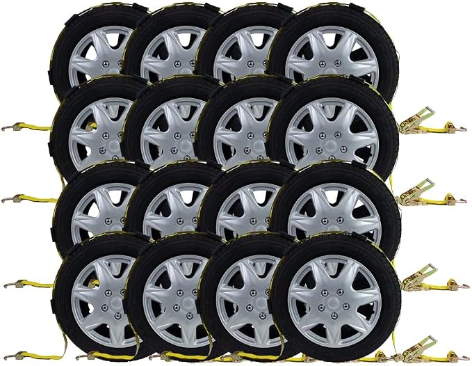 Mytee Products 16 Pack 2" x9' Over The Wheel Tire Straps with Ratchet, Swivel J Hook & Rubber Blocks - 10,000 LBS Breaking Strength Towing Tie Down Straps for Auto Car Haulers, UTV, Truck Trailer Bed