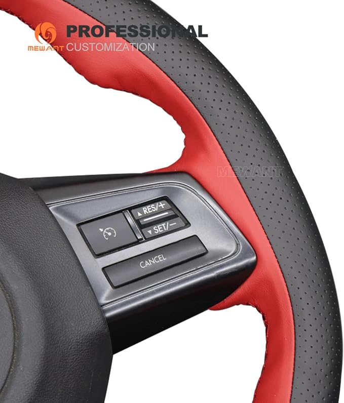 MEWANT Hand-Sewing DIY Black Microfiber Leather (Perforated) + Red Leather Car Steering Wheel Cover for Subaru WRX (STI) 2015-2019 / Levorg 2015-2019/ WRX Steering Wheel Cover Accessories