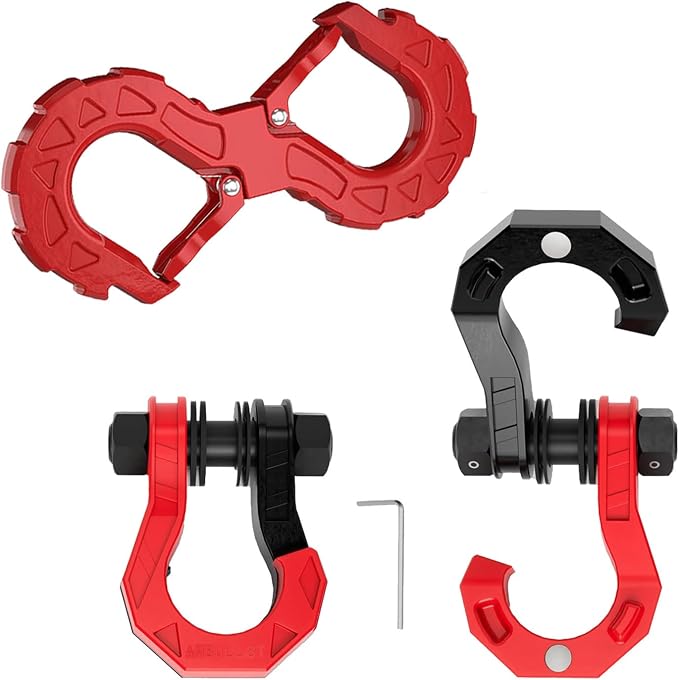 3/4" Easy Open D Ring Separate Shackles (17,600 lbs WLL) with 3/8" G80 S Shaped Tow Hook (11,200 lbs WLL) Off-Road Recovery Kit, Heavy Duty Winch Towing Combo, Black Red