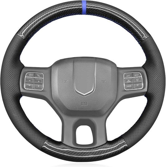 MEWANT DIY Black Shiny PU Carbon Fiber Genuine Leather Steering Wheel Wrap for Dodge RAM 1500 1500 Classic 2500 3500
