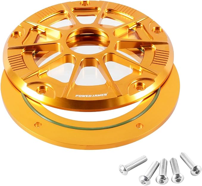 POWER JAMES Gold 7.7" Visible Hollow-Out Primary Derby Clutch Cover with Tranparent Acrylic PC Glass Compatible with 2016-2024 Touring and Trike Models FLHXSE, FLHR, FLTRSE (Gold)