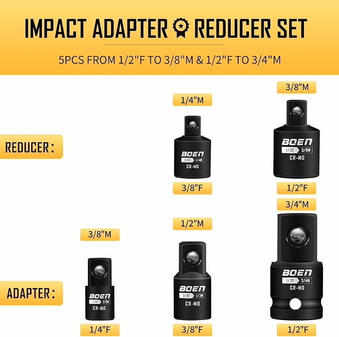 BOEN 5 Piece Impact Socket Adapter Set and 33 Piece 1/2" Drive Impact Socket Set