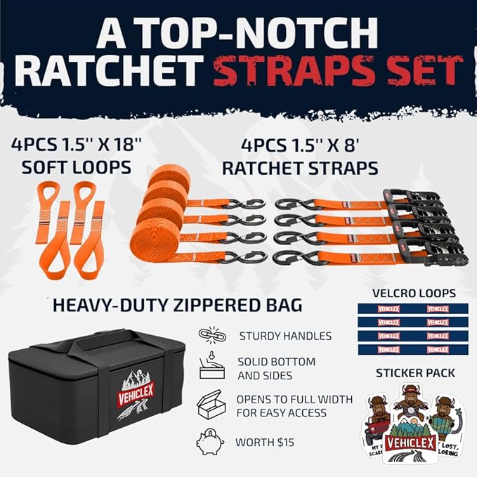 Vehiclex Motorcycle Ratchet Tie Down Straps with Soft Loops - 4PK Heavy Duty 1.5" x 8ft Kit, 4,400 lb Breaking Strength for Powersports, Orange