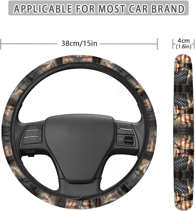 Deer American Flag Pattern Car Accessories Pack of 13, Auto Front and Rear Seat Cover Full Set, 1 Steering Wheel Cover, 4 Seat Belt Cover, 4 Cup Holder Coasters Universal Fit for Most Cars