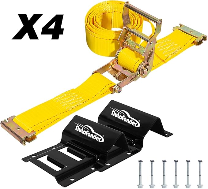 Vehicle Wheel Chock Tie Down kit 4500lb Break Strength-4 Pack 2" x9' E Track Straps-Ultimate Heavy Duty Trailer Tire Strap System for ATV,UTV,Lawn Mower