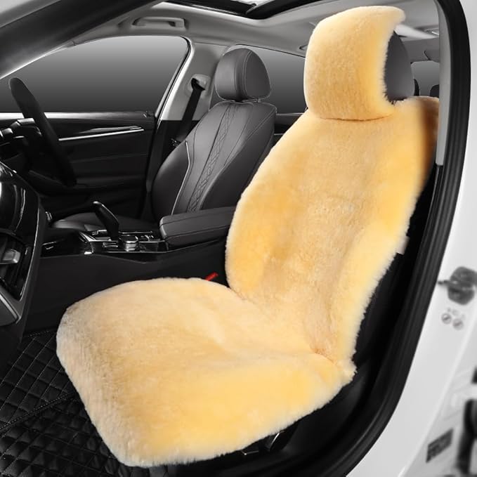 IRIWOOL Fluffy Fur Sheepskin Car Seat Cover Automotive Interior Accessories Seat Covers Accessories Seat Cushions， Soft Natural Pure Wool ，Universal Fits Most Cars SUVs (Yellow, Universal Fit)