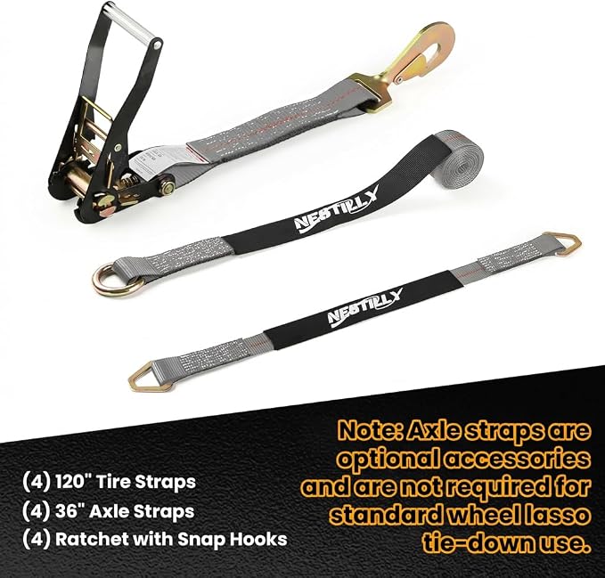 Over Wheel Tie Down Straps for Trailers, 4 Pack 2" x 10' Heavy Duty Ratchet Straps 10,000 lbs Break Strength, Tire Lasso Straps with Snap Hooks for Car Hauler, UTV, ATV, Includes (4) 36" Axle Straps