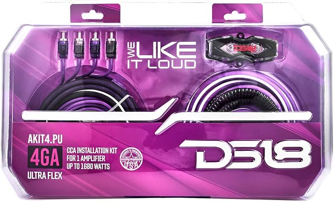 DS18 AKIT4.PU 4-GA Amplifier Installation Kit Up to 1680 Watts RMS, Mini-ANL Fuse Holder, Speaker & RCA Cables, CCA Amplifier Wiring Kit, Ultra Flex Wire, Amp Wire Kit, Amp Wiring Kit 4 Gauge - Purple