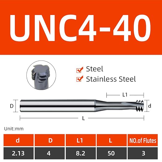 5pcs UNC4-40 Thread Mill Cutter Solid Carbide Coating for Steel Stainless