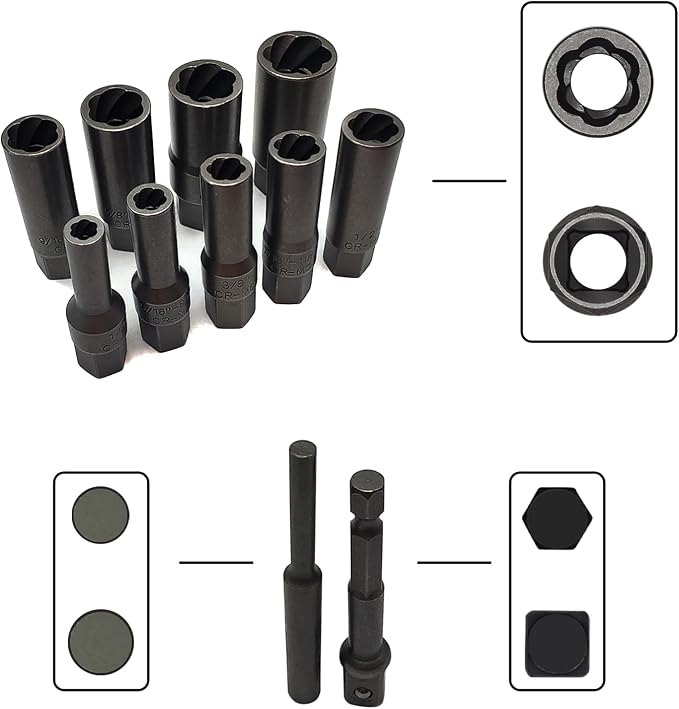 11PCS Spiral Type Deep Extractor Set, Stripped Bolt Remover Lug Nut Extractor Set, Spark Plug Easy-out Set, Lug Nut Removal Tool Set for Removing Deeply trapped and Broken Bolts, Studs.