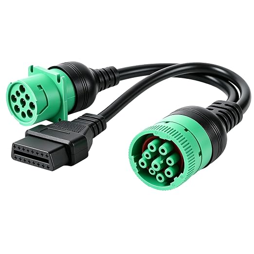 2 Pack Green Type 2 9 Pin J1939 Male to J1939 Female/16 Pin OBD2 Splitter Y Cable for Heavy Duty Truck