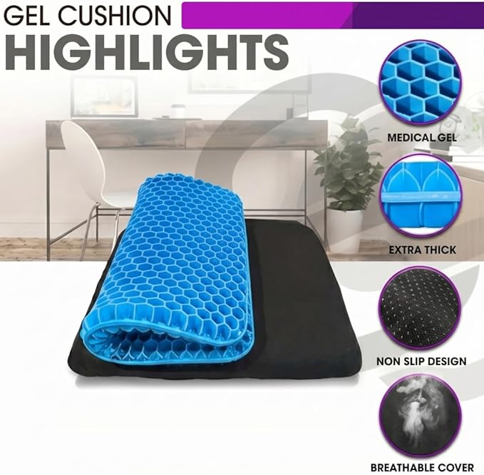Gel Seat Cushion – Ergonomic Comfort for Office, Car, Travel & Pregnancy | Back Pain, Coccyx, Supports Spine, Breathable & Cooling for Summer | Designed for Chairs & Long Sitting