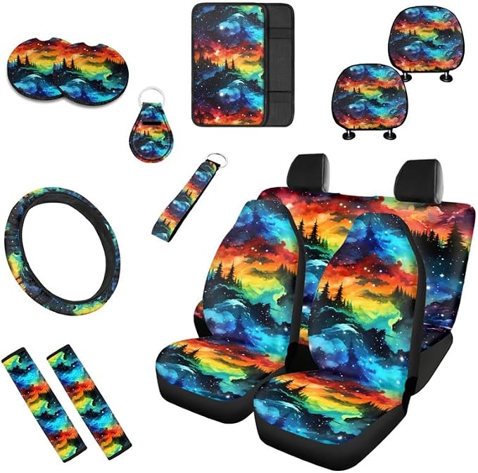 Nebula Starry Sky Galaxy Car Seat Cover Full Set Universal Starry Space 13 Pcs for Front and Back Seat Cover Keychains for Trucks Sedan SUV