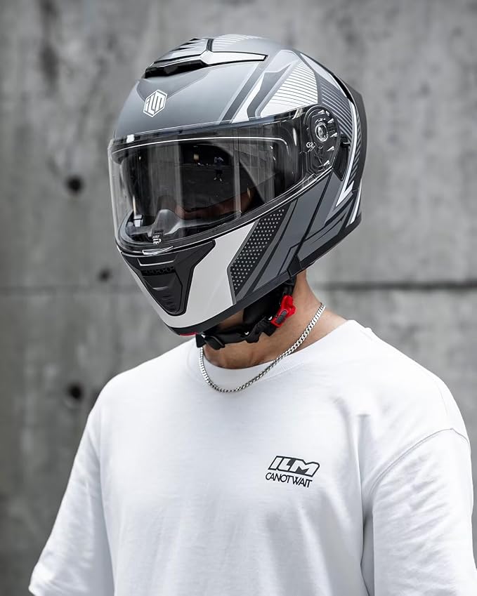 ILM Modular Motorcycle Helmet for Adults Full Face Flip up Riding with Dual Visor Street Bike Racing DOT Model MM966 (Black White, XL)