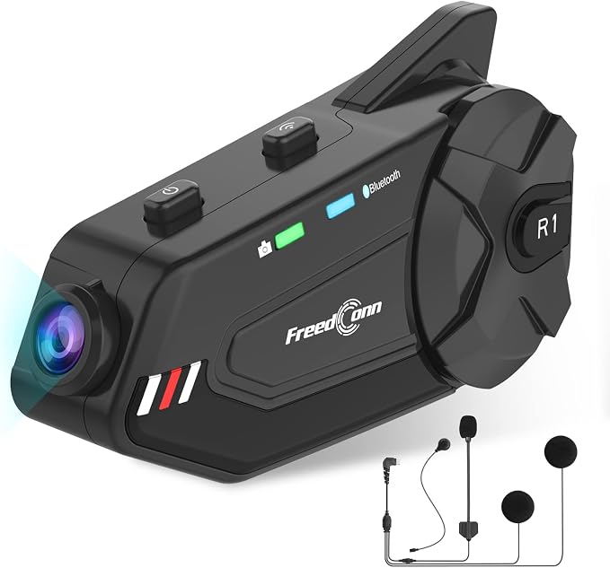 FreedConn Motorcycle Helmet Headset with Camera R1plus Helmet Intercom 1080P WiFi Motorcycle Communication Systems with CVC Noise Cancellation/Music Sharing /IP65 Waterproof(Comes with 64G TF Card)