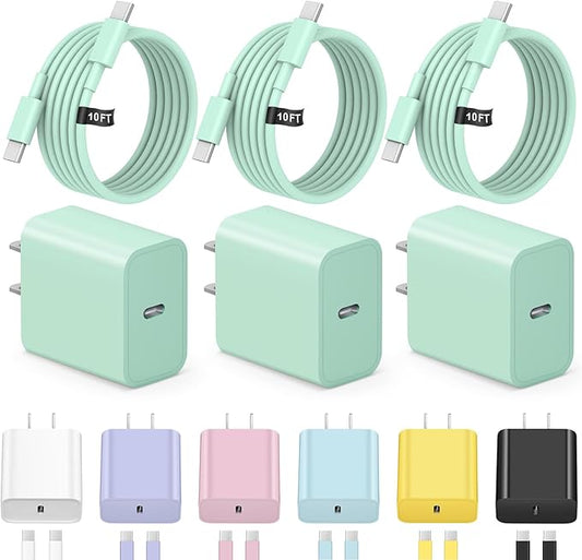 iPhone 17 16 15 Charger Fast Charging 3+3Pack Type C Charger USB C Chargers Block with 10FT Cable for iPhone Air/17/17 Plus/17 Pro/17 Pro Max/16/16 Plus/16 Pro/16 Pro Max/15/15 Pro Max(Green)
