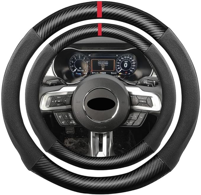 Suede Carbon Fiber Steering Wheel Cover, Compatible with Mustang EcoBoost GT Shelby 15 inch Soft SuedeTouch Leather Sport Non-Slip Automotive Interior Accessories