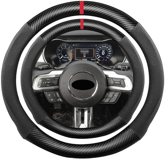 Suede Carbon Fiber Steering Wheel Cover, Compatible with Mustang EcoBoost GT Shelby 15 inch Soft SuedeTouch Leather Sport Non-Slip Automotive Interior Accessories