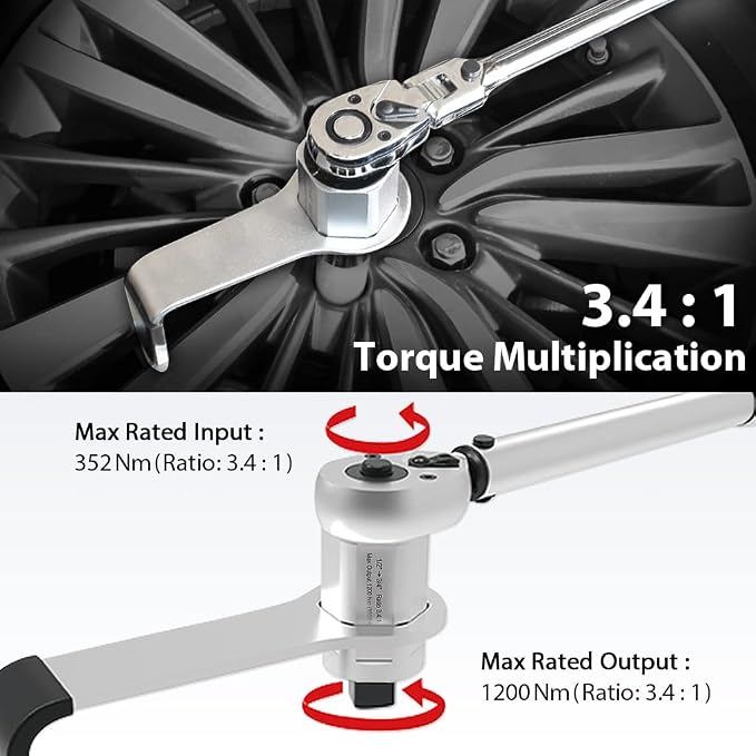 FIRSTINFO 3.4:1 Manual Torque Multiplier Wrench 1200 N.m. (885 Ft-lbs) | 1/2" Drive (Female/Input) to 3/4" Drive (Male/Output) Adapter, Labor Saving Tool for Lug Nut, Easy Tire Change, F3220DF2