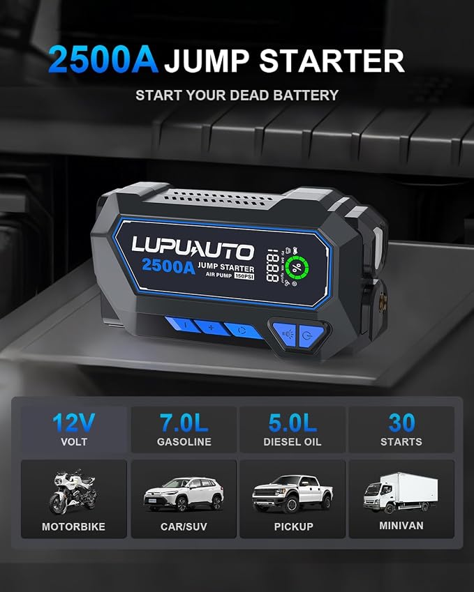 2500A Jump Starter with 150PSI Air Compressor 12V Battery Box Jumper Pack | 7.5L Gas, 5L Diesel, Low Voltage Forced Start, LCD Display, 400LM Emergency Flashlight