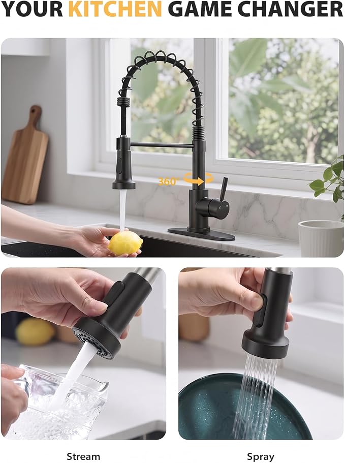 Hiqufet Kitchen Faucet with Pull Down Sprayer, High Arc Single Handle Kitchen Sink Faucet for Pot Filler, Single Hole Single Handle Stainless Steel Bar Sink Faucets