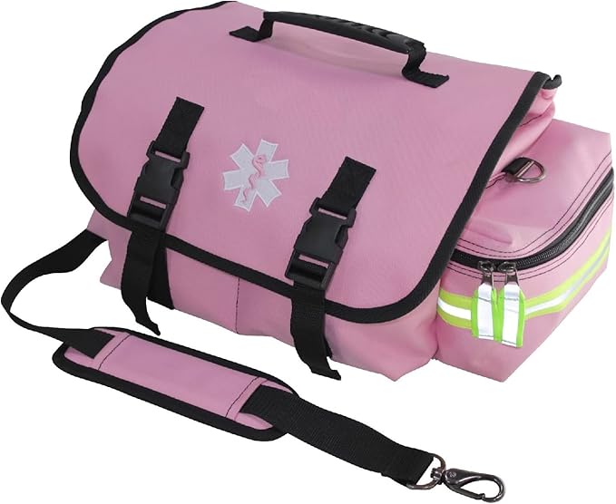 Kemp USA EMT First Responder Trauma Bag Survival Medical Gear Organizer with Reflective High Visibility Trim First Aid Kit Emergency Response Bag Pink