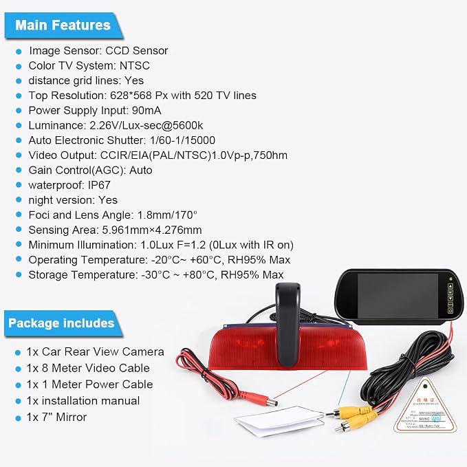 18mm Car Third Roof Top Mount Brake Lamp Light Rear View Reverse Parking Camera,replacement for Van Ford Transit Connect 2 II/XL Cargo Titanium Passenger Wagon 2014-2022 (with 7 inch rear view mirror)