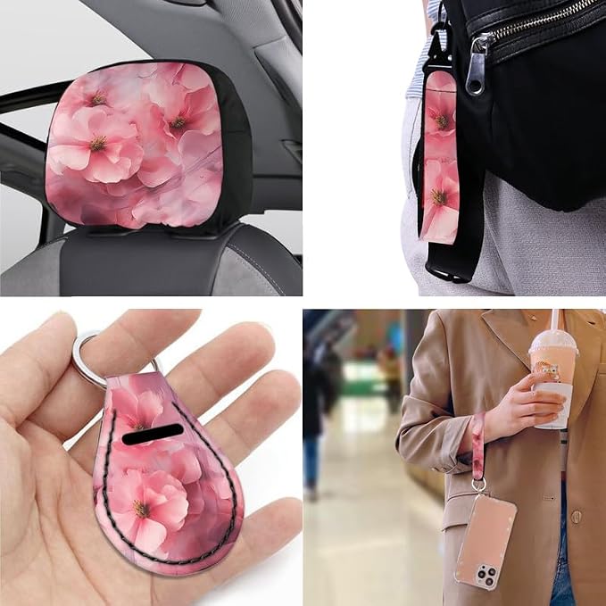 Peach Blossom Pink Flower 13 Pieces Seat Covers Accessories Floral Hand Drawing Steering Wheel Cover Seat Cover Full Set Seat Belt Shoulder Pad Car Cover for Truck SUV