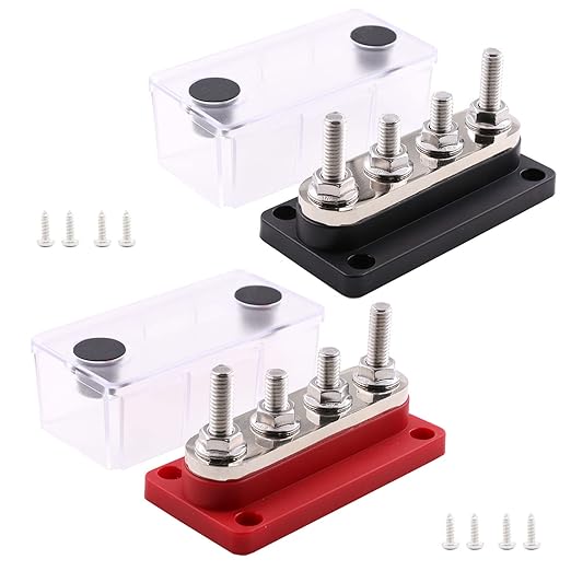 Bus Bars Copper 12V-48V 300A with 4 x 5/16”(M8) Posts Power Distribution Block, DC Battery Busbar Terminals Blocks 300 Amp for Car RV Solar PV Trailer Boat Marine Trucks, Red& Black 2 Pack