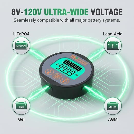 Battery Monitor with Shunt Voltage Current Monitor Voltmeter Ammeter 8V-80V 500A High Precision Voltage Current Meter Backlit LCD Display with Data Storage for Lithium Battery Bank Solar Panel System