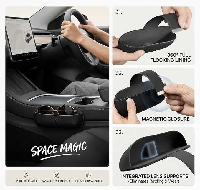 Center Console Side Glasses Holder Organizer for Tesla Model YL Model 3 Highland & Model Y Juniper 2025 2026, Interior Side Storage Box Tray, Anti-Kick Scuff Protector, Tesla Accessories