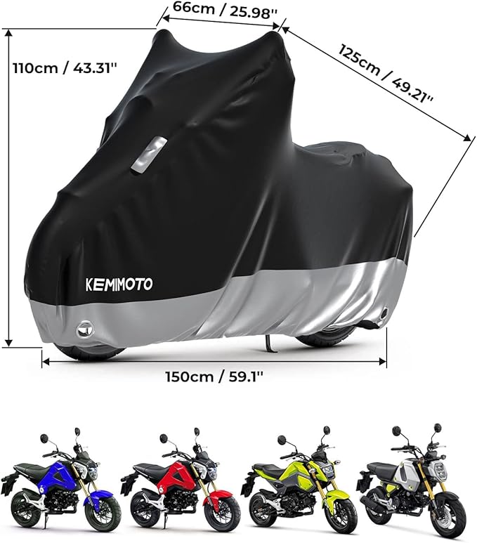 KEMIMOTO Heavy Duty 300D Motorcycle Cover Waterproof with Tail Tidy Window Fit for Grom Navi Monkey Z125 Benelli Mini Motorbike Covers with Soft Cotton Lining & Lock Hole UV Dust Outdoor All Weather